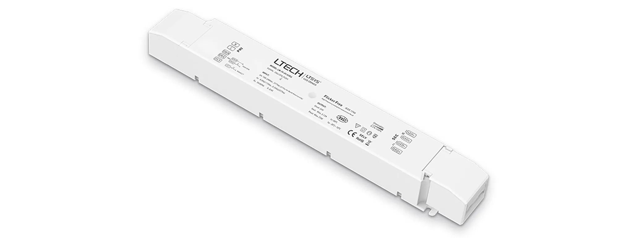 LM-75-24-U2D2  DALI DT8I/Push DIM/CT, 0-100% Dim, CV 75W, 24Vdc 3.12A, 2CH O/P, 200-240Vac, IP20, 5yrs Warranty.